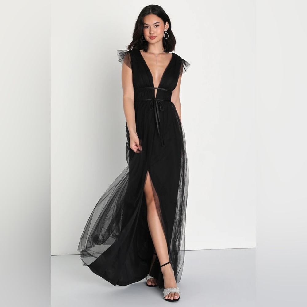 Lulus I'm All Yours Black Tulle Ruffled Maxi Dress (NWT)